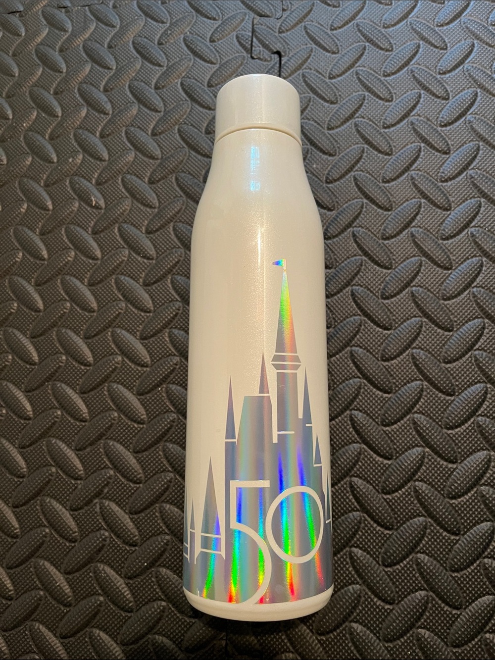 Disney White Iridescent Water Bottle with Holographic Walt Disney World Logo